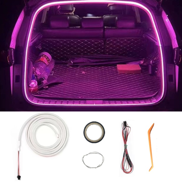 Lumina ambientala auto, banda luminoasa LED auto, 4 metri, Fudisenn, iluminare portbagaj, decoratiuni interioare, impermeabila, efecte colorate, usor de instalat, discreta, roz-violet