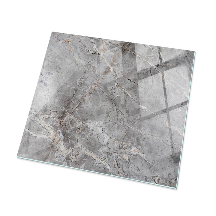 Blat Masa Din Sticla Securizata, Coloray, Model Inspirat Din Marmura, Gri, 50 x 50 cm, Patrat, Colturi Rotunjite, 010010820010000077326