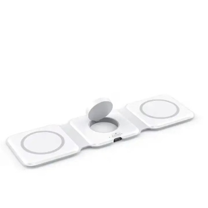 Incarcator alb wireless 3 in 1, material abs, silicon, magnet, dimensiuni 247x74.5x8.5 mm, compatibil cu iPhone, Apple Watch, Airpods, greutate 128 g