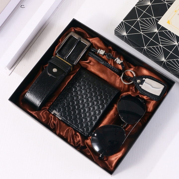 Мъжки подаръчен комплект от 5 части, NEVERMORE, слънчеви очила, колани, портфейл, гривна и ключодържател, идеален за него, господин, баща, съпруг, син, брат, колега, черен