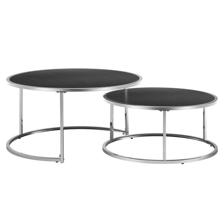 Set 2 masute de cafea DacEnergy©, baza din otel, blatul mesei MDF in decor negru cu desen din lemn, 90 x 46 cm, argintiu si negru