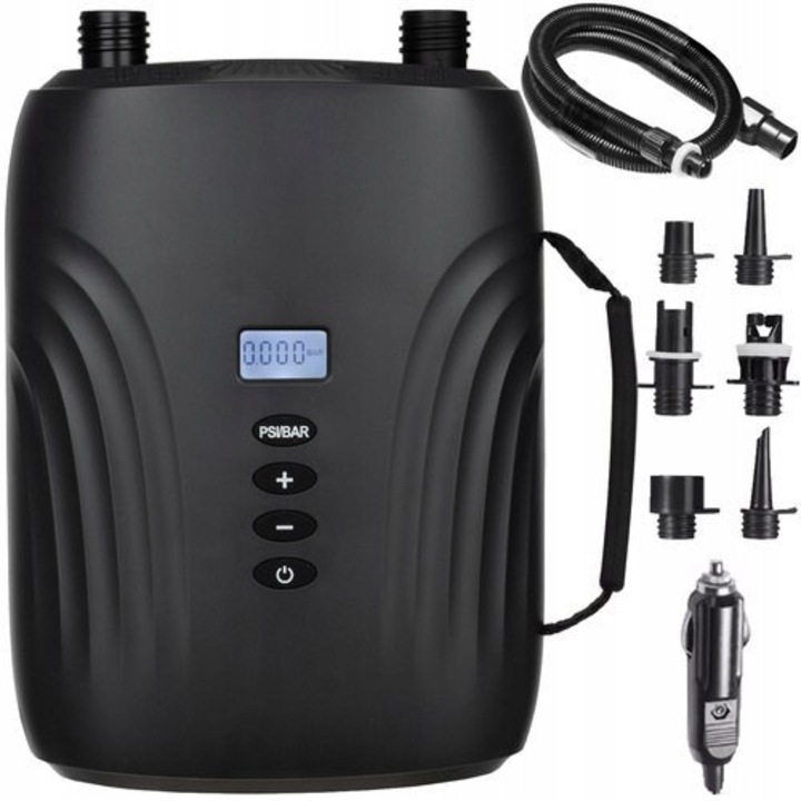 Elektromos autópumpa SUP deszkához, kajakhoz, felfújható csónakokhoz, Zola, 2 felfújó-leeresztő funkció, 6 cserélhető fúvóka, 110 W, kapacitás 70-350 l/perc, 1,38 bar, LCD kijelző, 23,5 x 16 x 9,5 cm, fekete
