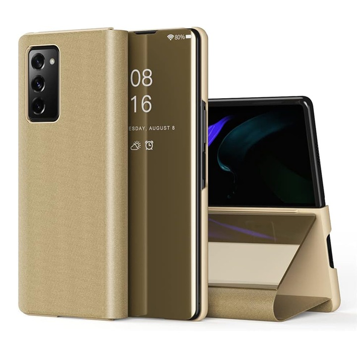 GlossReflex Smart Mirror Flip калъф за Huawei P Smart Z, гланцово покритие, огледален ефект, полупрозрачен калъф, удароустойчив, прецизни изрези, екокожено покритие, калъф с прозрачен капак, златен