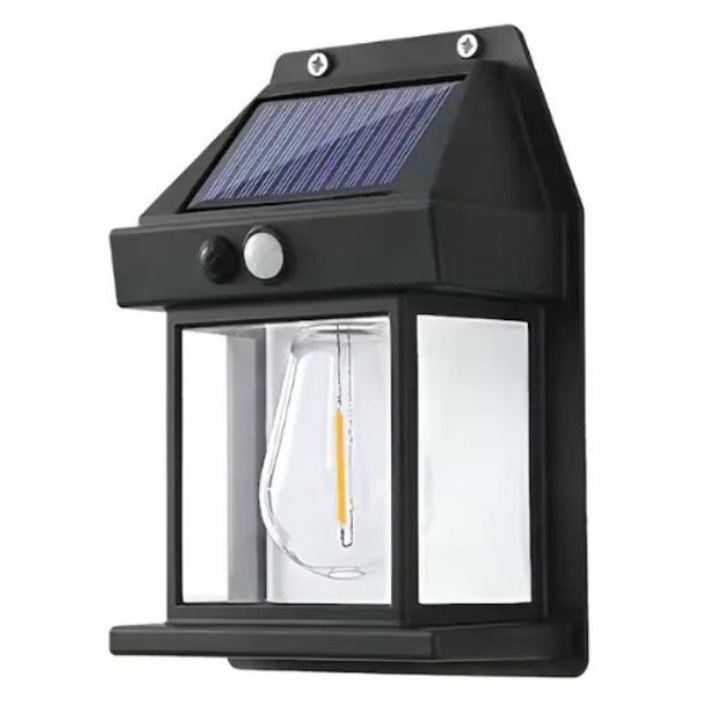 Napelemes fali lámpa 1 LED izzóval Vintage (Retro) típusú, mozgásérzékelővel 8 méteres, vezeték nélküli, 3 világítási mód, IP65 védelem, vízálló, kültéri, fekete