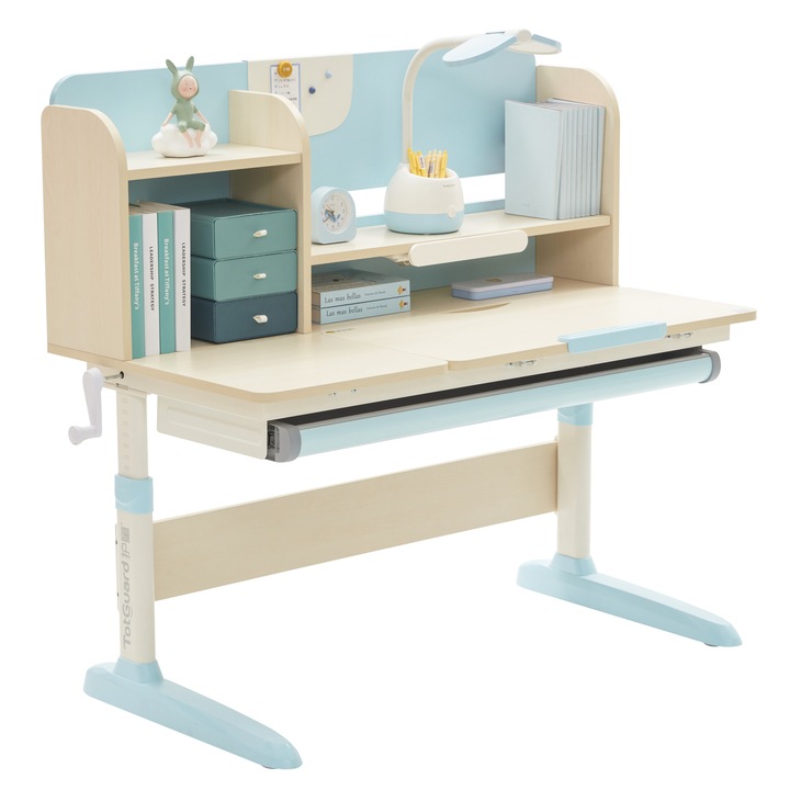 Birou Ergonomic Reglabil pentru Copii 3–18 ani, cu Blat Inclinabil si Rafturi, Albastru