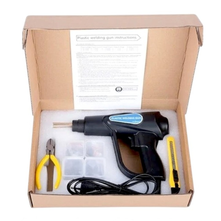 Професионален пистолет, за запояване/заваряване на пластмаса, 220V, 70W, загрява за 3 секунди, с 800 резервни скоби (4 вида и размера), с комплект аксесоари, лесен за употреба