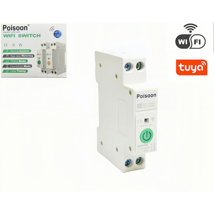 Siguranta electrica Poisoon, intrerupator circuit inteligent 63A, control prin aplicatie, protectie supratensiune, montare pe sina DIN，Tuya/Smartlife, 2 Poli, 1P+N, Monofazata, 63A, Compatibila Google Home si Alexa