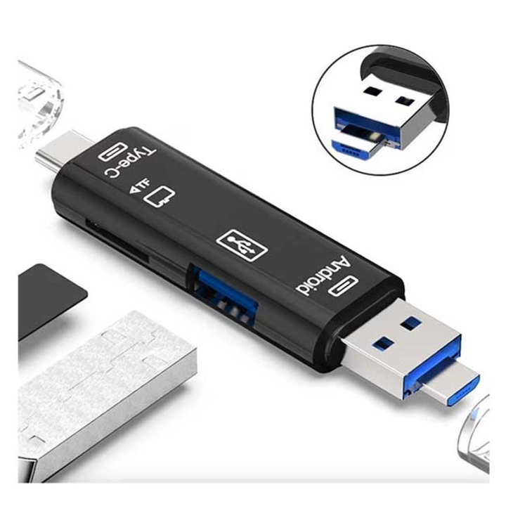 Cititor de carduri microSD, multifunctional, USB 2.0/USB-C, micro USB, negru, Dactylion®