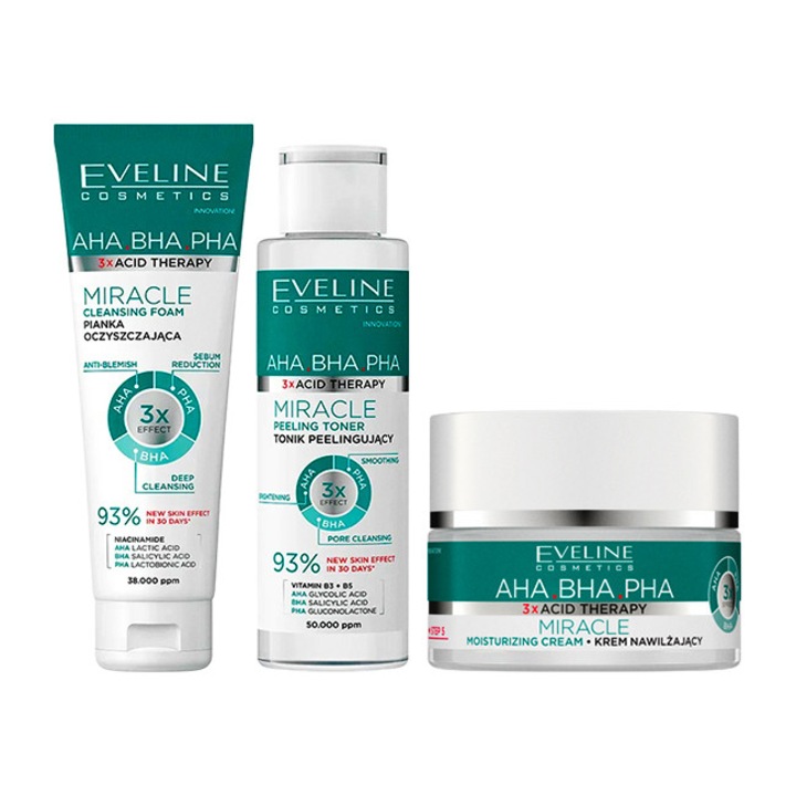 Eveline Cosmetics Csodakészlet hidratáló krémmel 50 ml, tisztító habbal 150 ml és hámlasztó tonikkal 200 ml