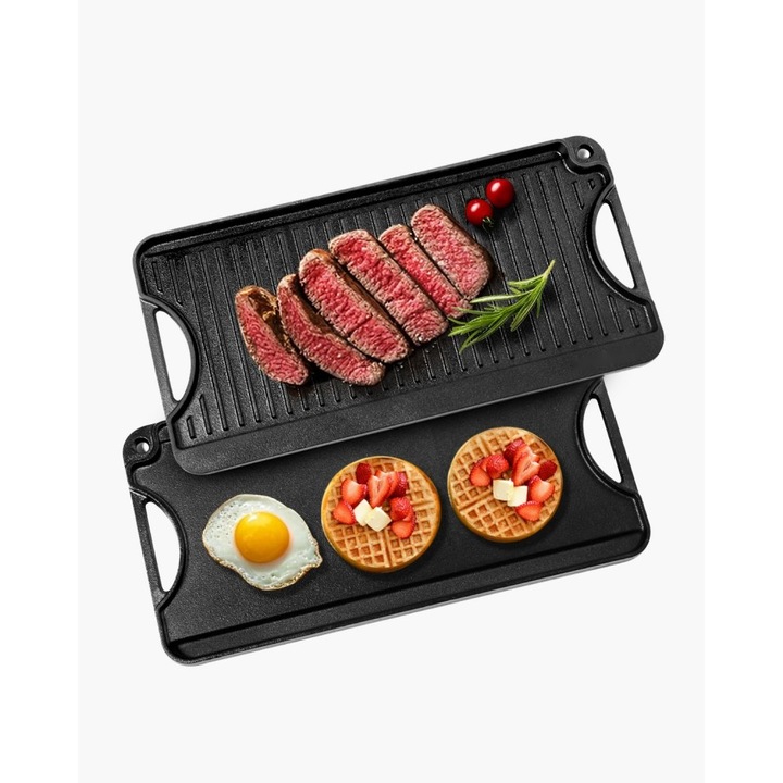 Tigaie Grill Dreptunghiulara, din Fonta, Dimensiuni 49 cm x 22 cm, Negru