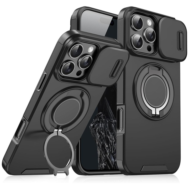 Кейс за iPhone 16 Pro Max, 360° метален пръстен-държач, съвместим с Magsafe, капак за камера, стойка за кола, военна удароустойчива защита, военно качество, черен