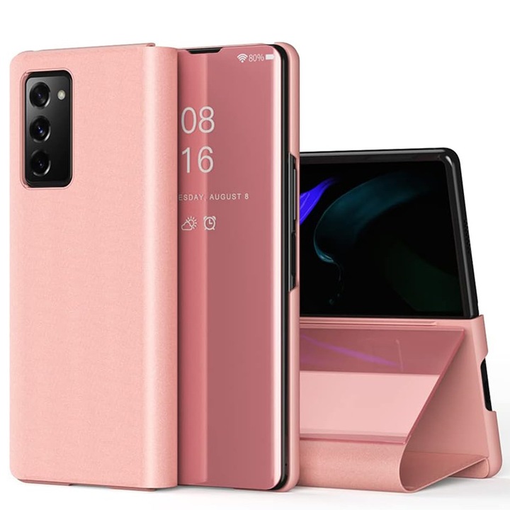 GlossReflex Smart Mirror Flip Case за Apple iPhone SE 2020, гланцово покритие, огледален ефект, полупрозрачен калъф, удароустойчив, прецизни изрези, екокожено покритие, видимост през калъфа, черен