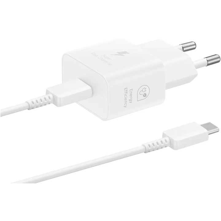 USB-C 25W gyorstöltő, Samsung Galaxy S23/S22/S21/S20 készülékkel kompatibilis, 1,8 m-es kábellel, fehér