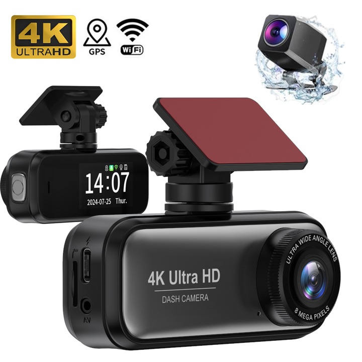 Camera Video De Bord Auto, Fudisenn, Camera cu 2 directii, FULL HD 4K, 3840 x 2160 / 30fps, 2.4GWiFi, cu GPS, Senzor G, Display LCD 1.97 Inch, Inregistrare in bucla, Vedere nocturna, Controlul aplicatiilor, Camera video marsarier inclusa in pachet, Negru