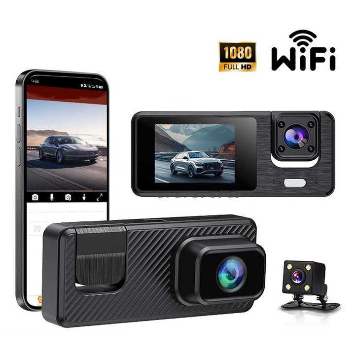 Camera auto, Full HD 1080P, Fudisenn, camera frontala si spate, Wi-Fi, control prin aplicatie, vedere nocturna, senzor G, inregistrare in bucla, vedere nocturna, unghi de filmare de 170°, detectare miscare, ecran LCD de 2 inci, negru