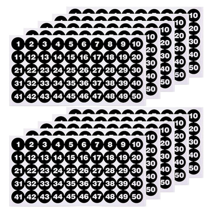 Стикери с числа, 10 листа, 500 броя, самозалепващи се стикери, водоустойчиви, черни, 2.54 см