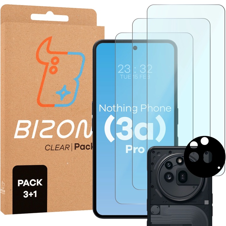 Set 3x Sticla AntiShock + sticla pentru camera Bizon Glass Clear 2 Pack pentru Nothing Phone (3a) Pro, transparenta