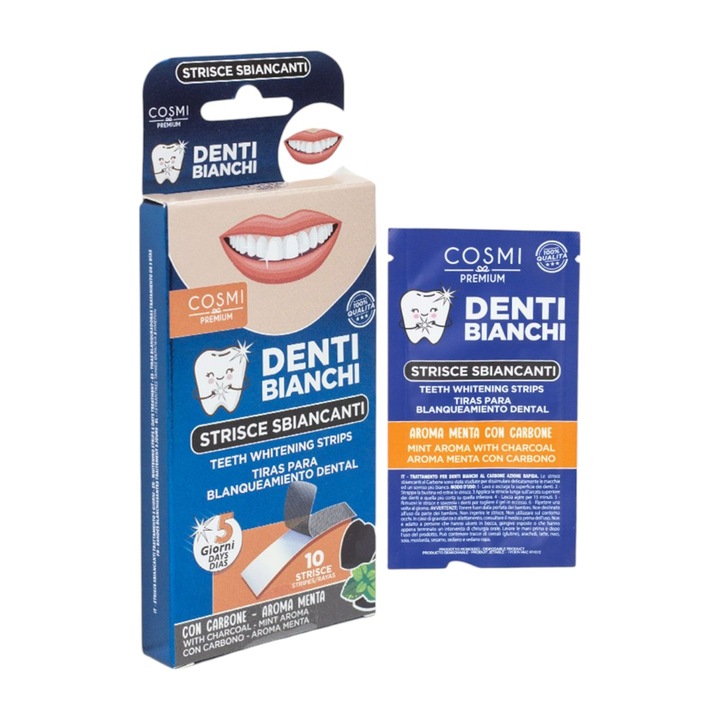 Benzi pentru albirea dintilor, carbune activ si aroma de menta, tratament de 5 zile