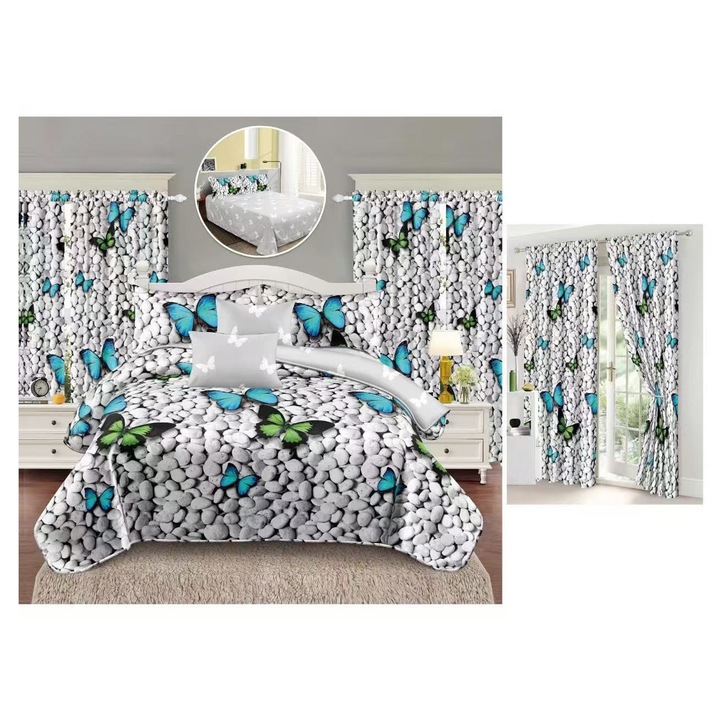 Set Lenjerie de pat dublu CHIRASO, cu Draperie asortata, 8 piese, Cearceaf de pat 230x240cm, Husa pilota 200x230cm, 2 fete de perna 70x70cm, 2 fete de perna 55x75cm si 2 buc. Draperie 150x230cm, cu imprimeu, gri-albastru