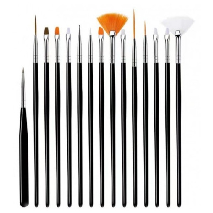 Set 15 pensule pentru manichiura si pedichiura, Zola, pentru modele precise, peri sintetici moi, manere din plastic, negre