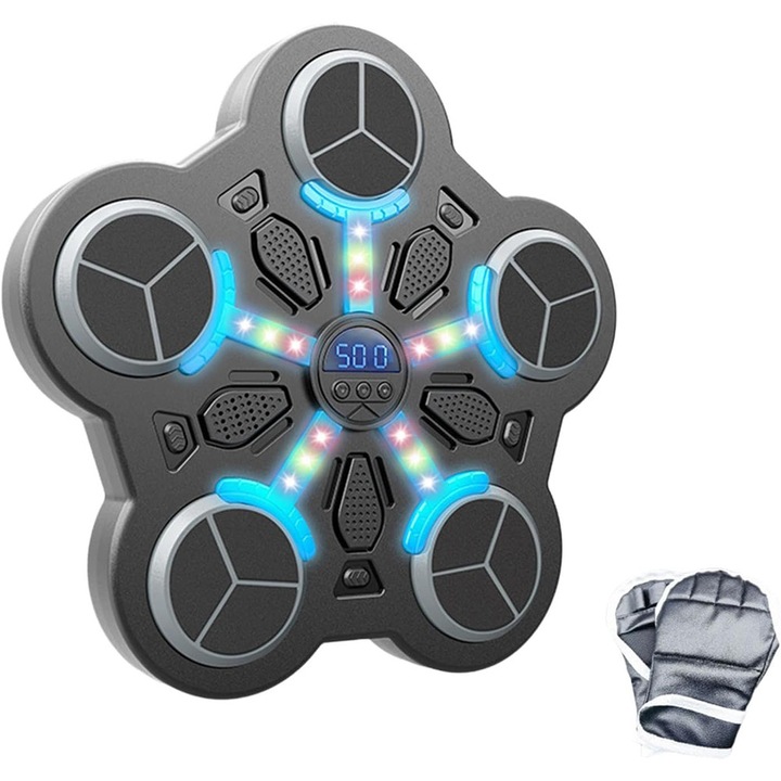 Masina de Box cu Muzica PowerRhythm Pro, Distractie, Activitate Fizica, Perfecta pentru Copii si Adulti, Antrenamente Adaptate pentru Nevoile Tale, ABS si EVA, Anti-Vibratii, Divertisment, Antrenament pe Muzica, 3 Nivele de Viteza, 5 Tinte, Negru carbune