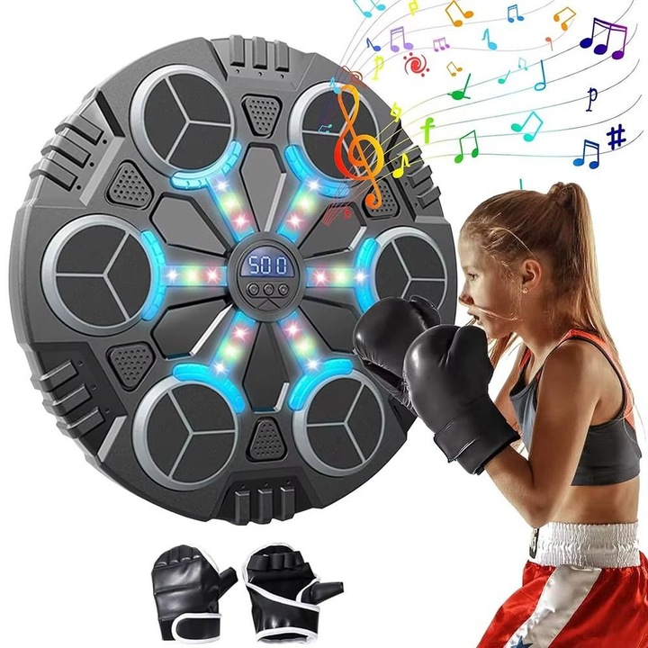 Музикален боксов уред PowerRhythm Pro, забавен, за физическа активност, идеален за деца и възрастни, тренировки, адаптирани към вашите нужди, ABS и EVA, антивибрационен, забавление, музикално обучение, 3 нива на скорост, 6 цели, въглероден черен