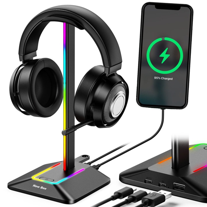 Suport Casti Gaming, Iluminare RGB, Antiderapant, USB, Moduri de Lumina Multiple, Negru