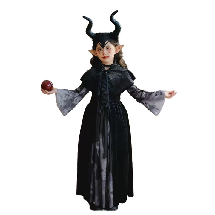 Costum de vrajitoare pentru fete, rochie lunga cu capa, accesorii cap, urechi de elf, negru, 140 cm