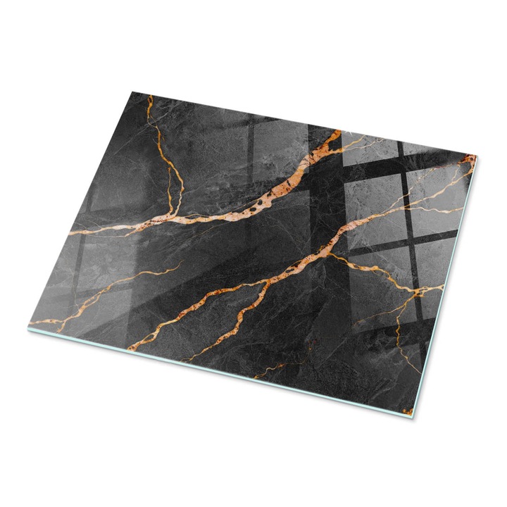 Blat sticla masa, Wallfluent, Vene de marmura in design, Negru, 80x60 cm, 010010820030000282599