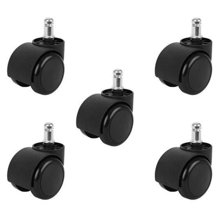 Комплект от 5 колела AB HOMES - полиуретанов протектор, диаметър 60 мм, стебло 11 мм, съвместими с повечето офис столове или мебели, черни