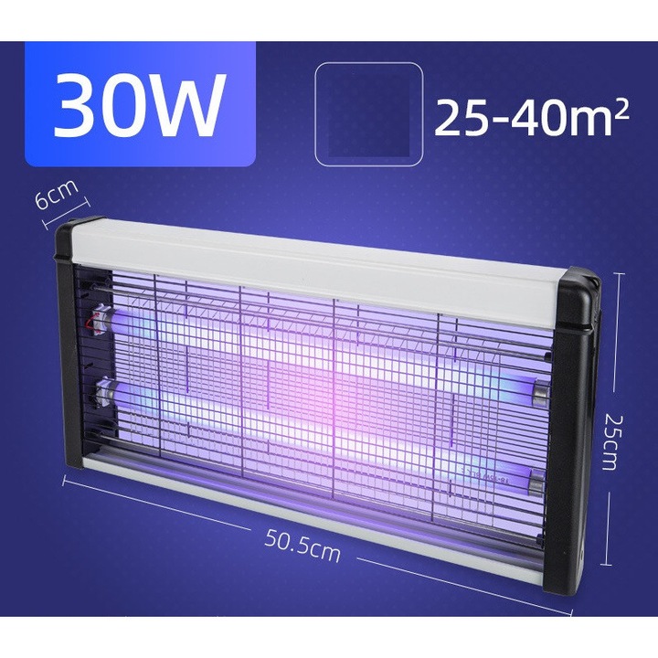 Електрическа лампа с 2 неонови ултравиолетови светодиода, мощност 30W, унищожава вредители, срещу насекоми - комари, мухи, молци и други насекоми, за интериор и екстериор, 49 x 25 x 6 см
