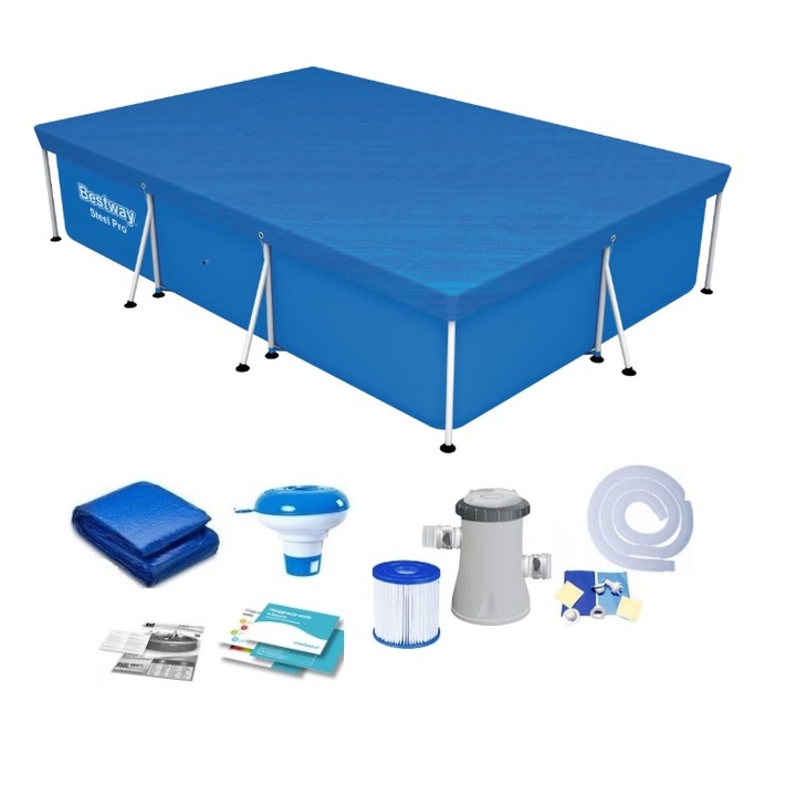 Bestway Steel Pro fémvázas medence, 400x211x81 cm, szűrőpumpa, szűrő, tetőponyva, tartóponyva, klóradagoló, javítókészlet