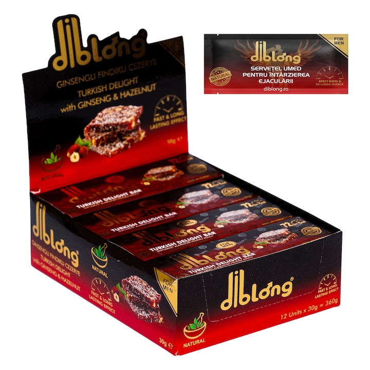 Set Afrodisiac premium, DIBLONG - TURKISH DELIGHT BAR, pentru potenta, erectie, intarziere ejaculare, cresterea libidoului barbatilor, 100% natural, (1 cutie) 12 buc x 30 gr + 1 servetel DIBLONG DELAY TOWEL