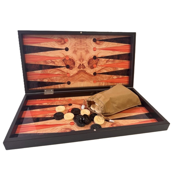 Joc Table/Backgammon Gaziantep din lemn lacuit, tabla pliabila, 30 piese, 2 zaruri, sistem magnetic, culoare frasin