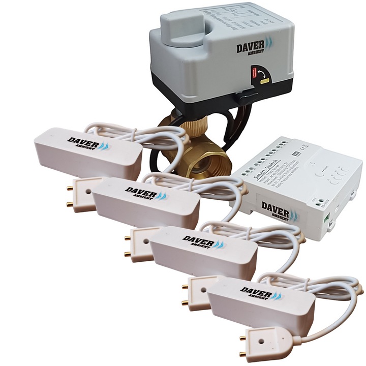 WiFi пакет против наводнение със смартфон предупреждение, с четири сензора и 1" клапан и бърз задвижващ механизъм с бутон за автоматично/ръчно управление, Daver