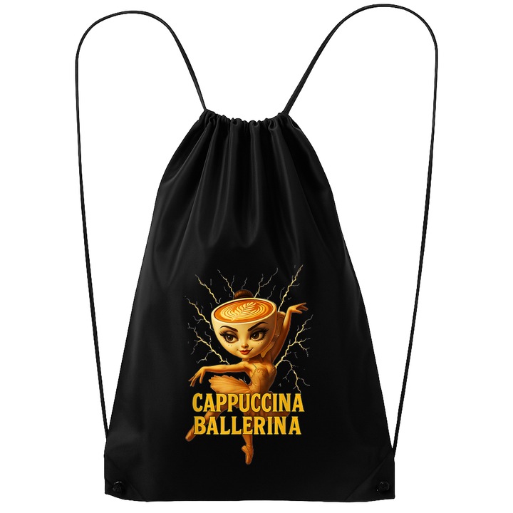 Rucsac tip ghiozdan Cappuccina Ballerina Yellow - Tralalero Tralala, Poliester, Cri-flo, Culoare Negru, Marime 34 x 45 cm