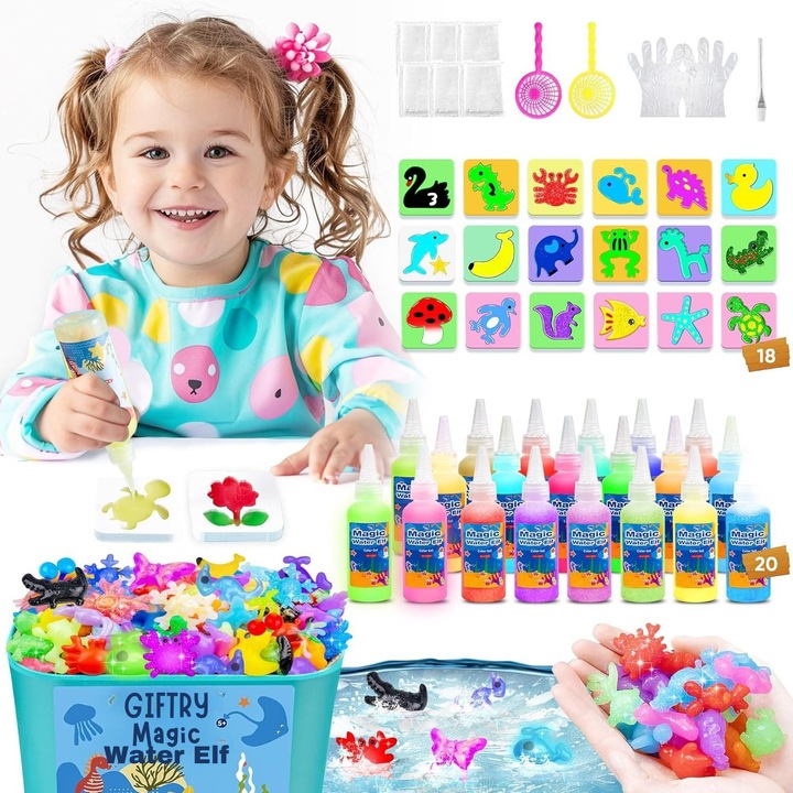 Set Creativ Giftry® – Jucarii interactive pentru Copii, 20 Culori 60 ml, 18 Matrite, Kit Figurine Magice din Gelatina, Accesorii Incluse, Exploreaza Viata Marina, 5 ani+