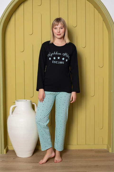 Női pizsama, hosszú ujjú, aranyszínű, pamut, fekete/kék, Fekete/Világoskék