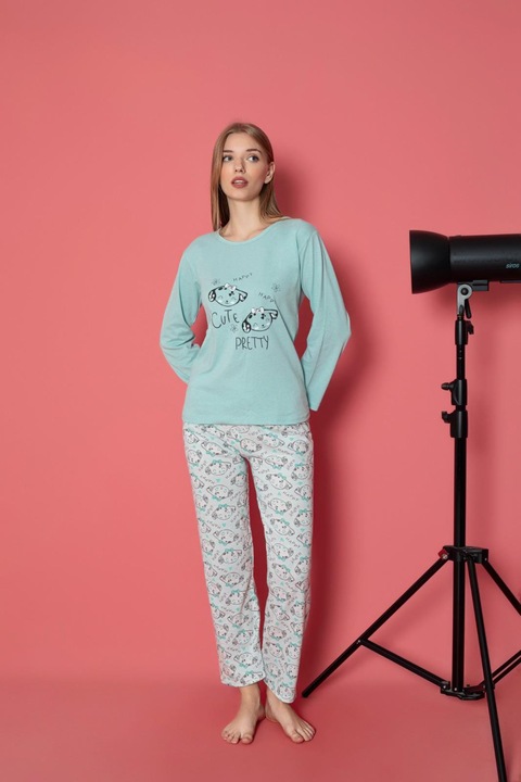 Női pizsama, Hosszú ujjú, Aranyos, Pamut, Kék, Világoskék