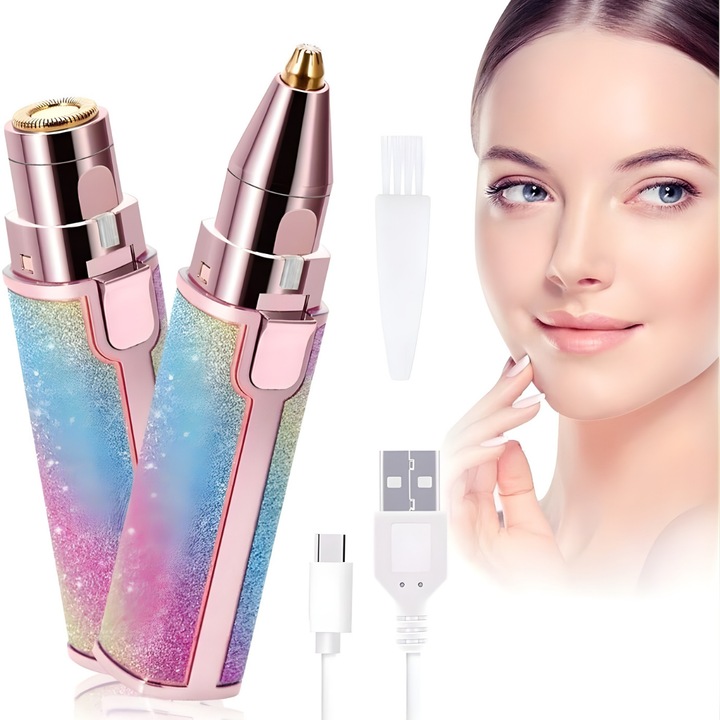 Epilator Facial Macvi® Reincarcabil 2in1 Trimmer Sprancene si Puf, Iluminare LED, Portabil, USB, Potrivit Pentru Toate Zonele Corpului