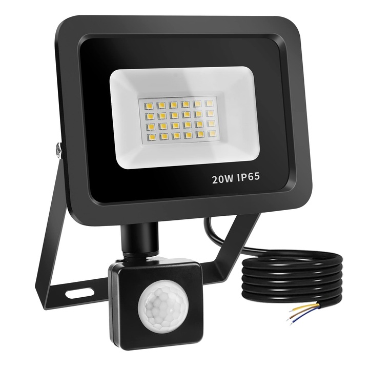 LED прожектор с детектор за движение, 20W, 2000Lm, студено бяла светлина, водоустойчив IP65