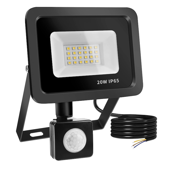 LED прожектор с детектор за движение, 20W, 2000Lm, студено бяла светлина, водоустойчив IP65