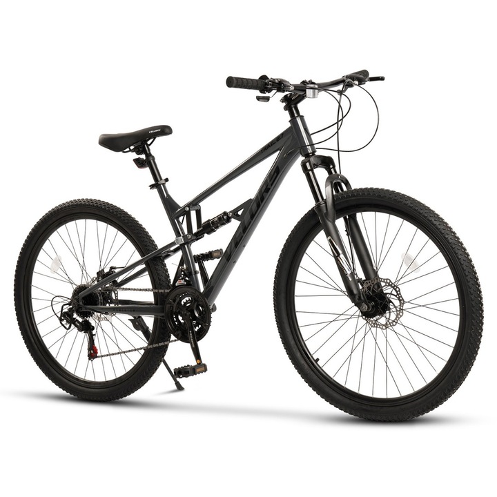 Velors Trail JSX27271 mountain bike, Shimano váltókar, Genius első/hátsó felfüggesztés, 27,5 colos kerék, tárcsafékek, 21 sebesség, szürke-fekete színben