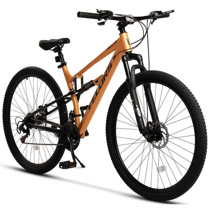 MTB kerékpár 29"-os kerekekkel, Shimano/Carpat felszereléssel, szekvenciális váltókarokkal, tárcsafékekkel, 21 sebességes, narancssárga/fekete, Velors Trail 2.9 Genius hegyi kerékpár dupla felfüggesztéssel