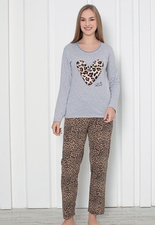 Női pizsama, hosszú ujjú, szív alakú, pamut, szürke/állatmintás, Szürke