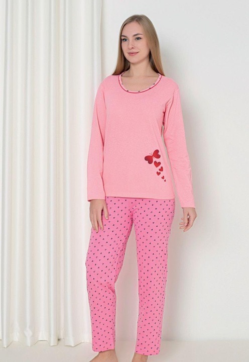 Női pizsama, hosszú ujjú, szívek, pamut, rózsaszín, Világoskék