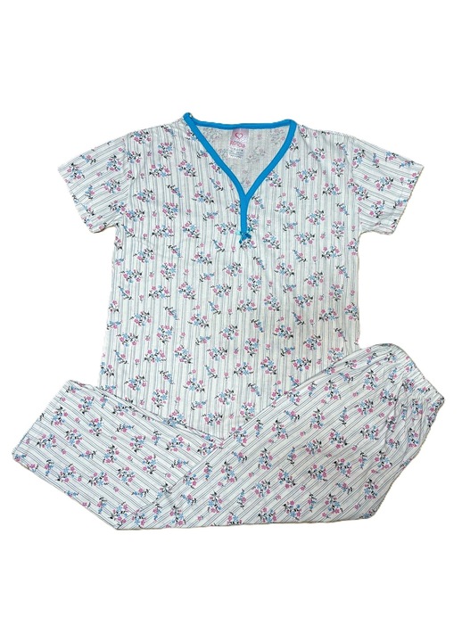 Pijama Femei, Marimi Mari, Tricou, Pantaloni Lungi, Alb/Albastru, Alb/Albastru