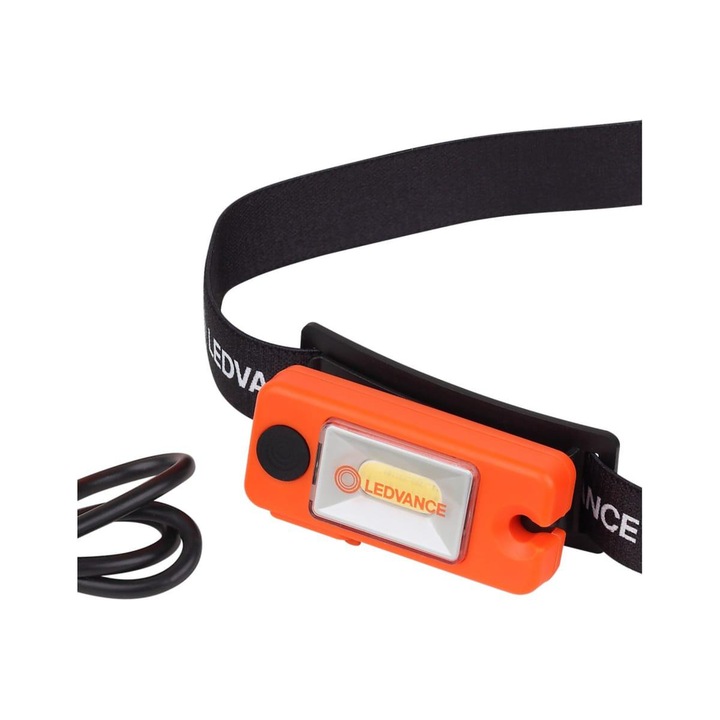 LED челник Ledvance, презареждащ се, 2W, 80 lm, IP22, USB-C, 4 режима на осветление 100%-80 lm, 50%-40 lm, червен LED включен или червен LED мигащ, 250 mAh литиево-йонна батерия, включен USB кабел за зареждане, оранжев/черен