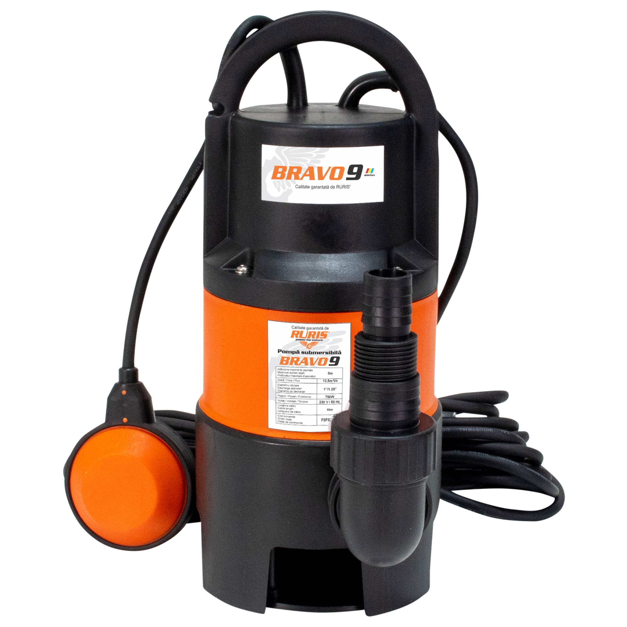 Pompa submersibila apa murdara Ruris Bravo 9, putere 750 W, debit apa 12.5 mc/h, refulare maxim 8 m, cablu electric 10 m