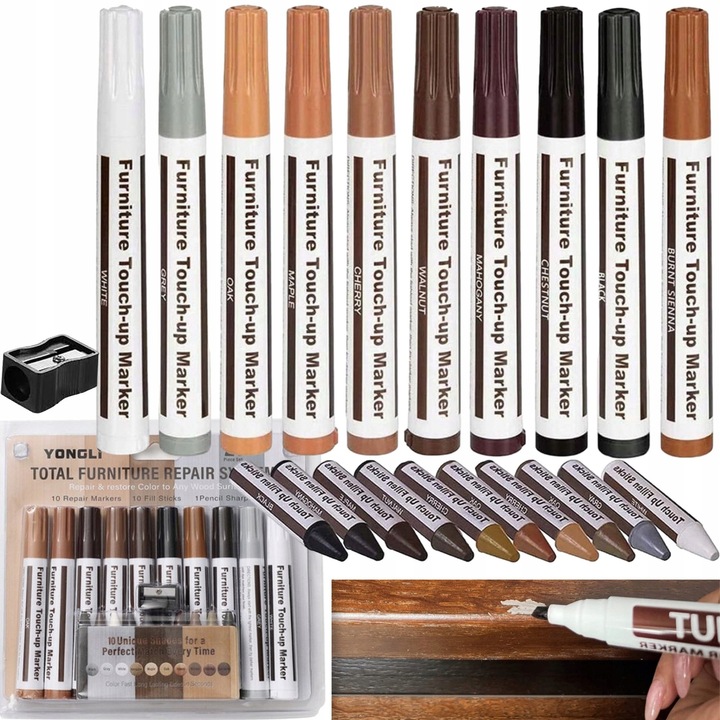 Set de reparare pentru suprafete din lemn, PrzydaSie, 10 markere colorate, 10 umpluturi din ceara